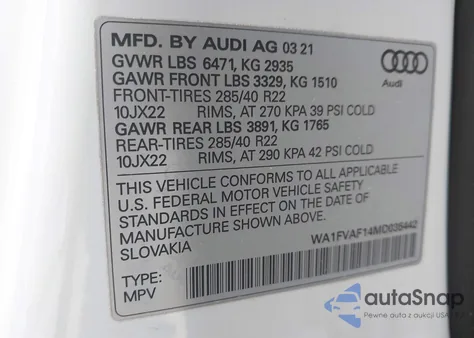 2021 Audi Q8 Prestige 55 Tfsi Quattro Tiptronic z USA, uszkodzony, nr VIN WA1FVAF14MD035442